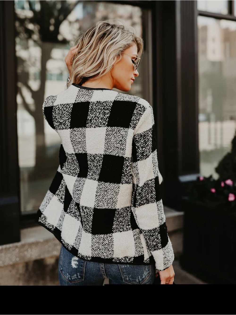 women Black & White Buffalo Plaid Open Jacket